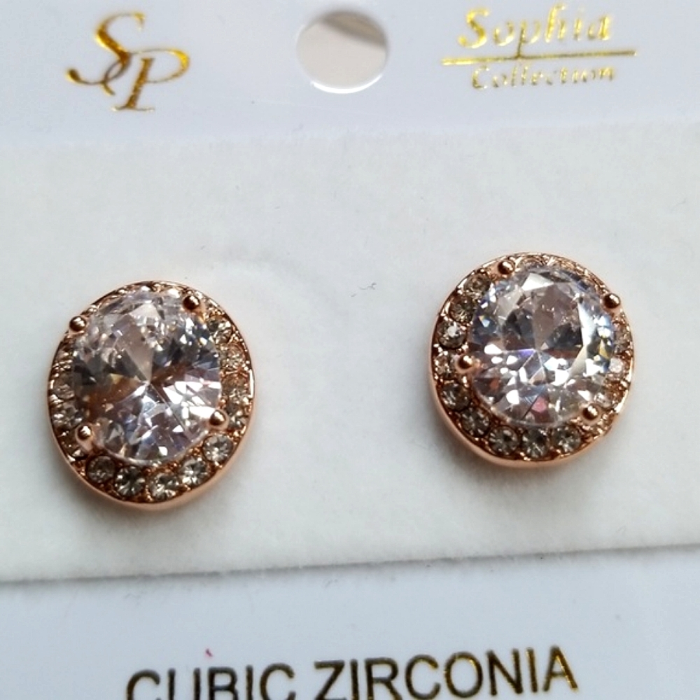 Cubic Zirconia Rose Gold Post Back Oval Earrings For Pierced Ears - Picture 9 of 12